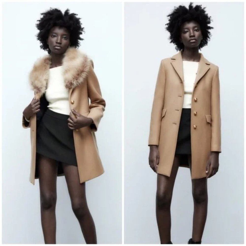 Zara Camel Pea Coat with Removable Fur Collar